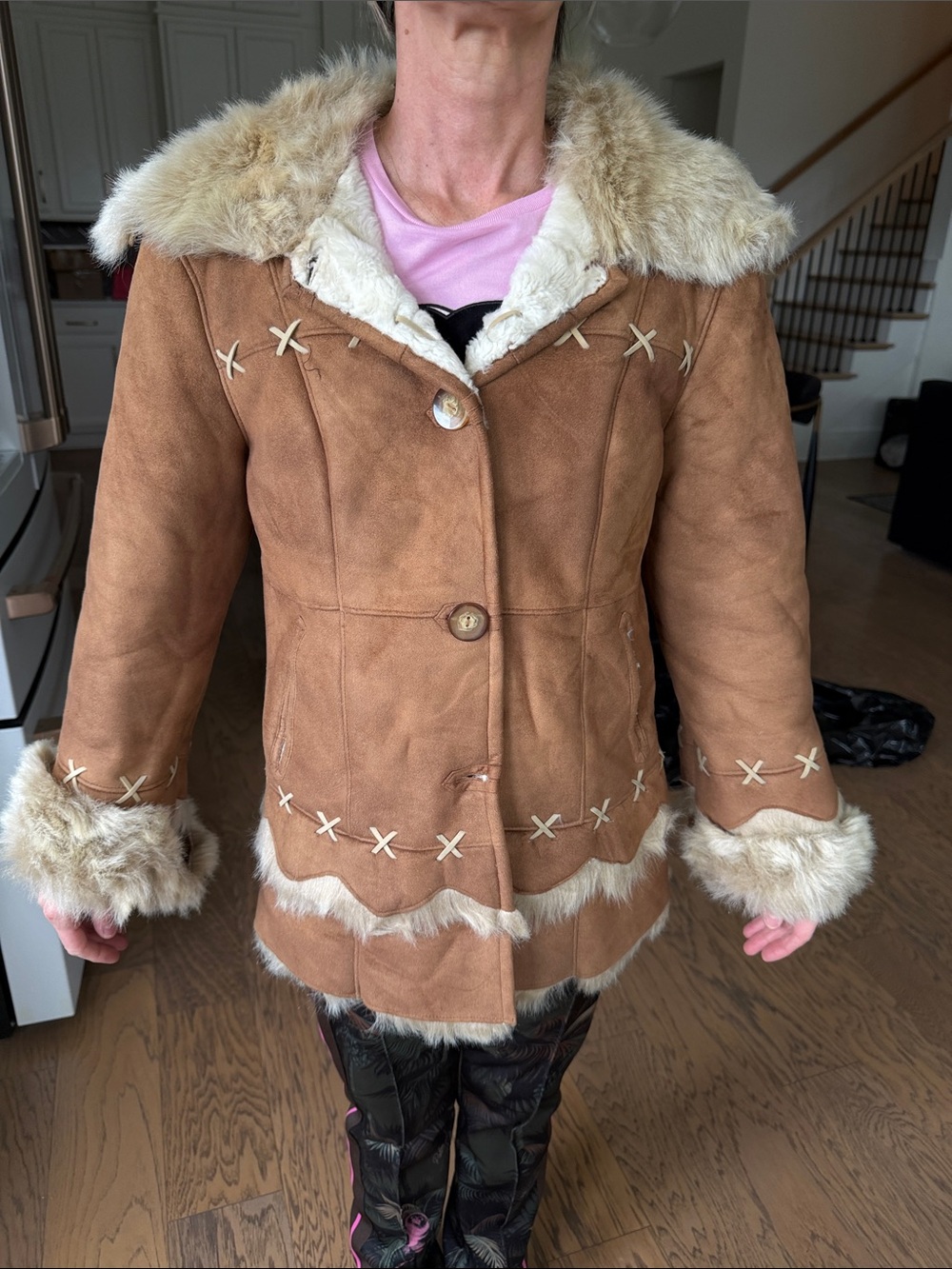 Women’s Tan Suede Shearling Coat with Fur Trim